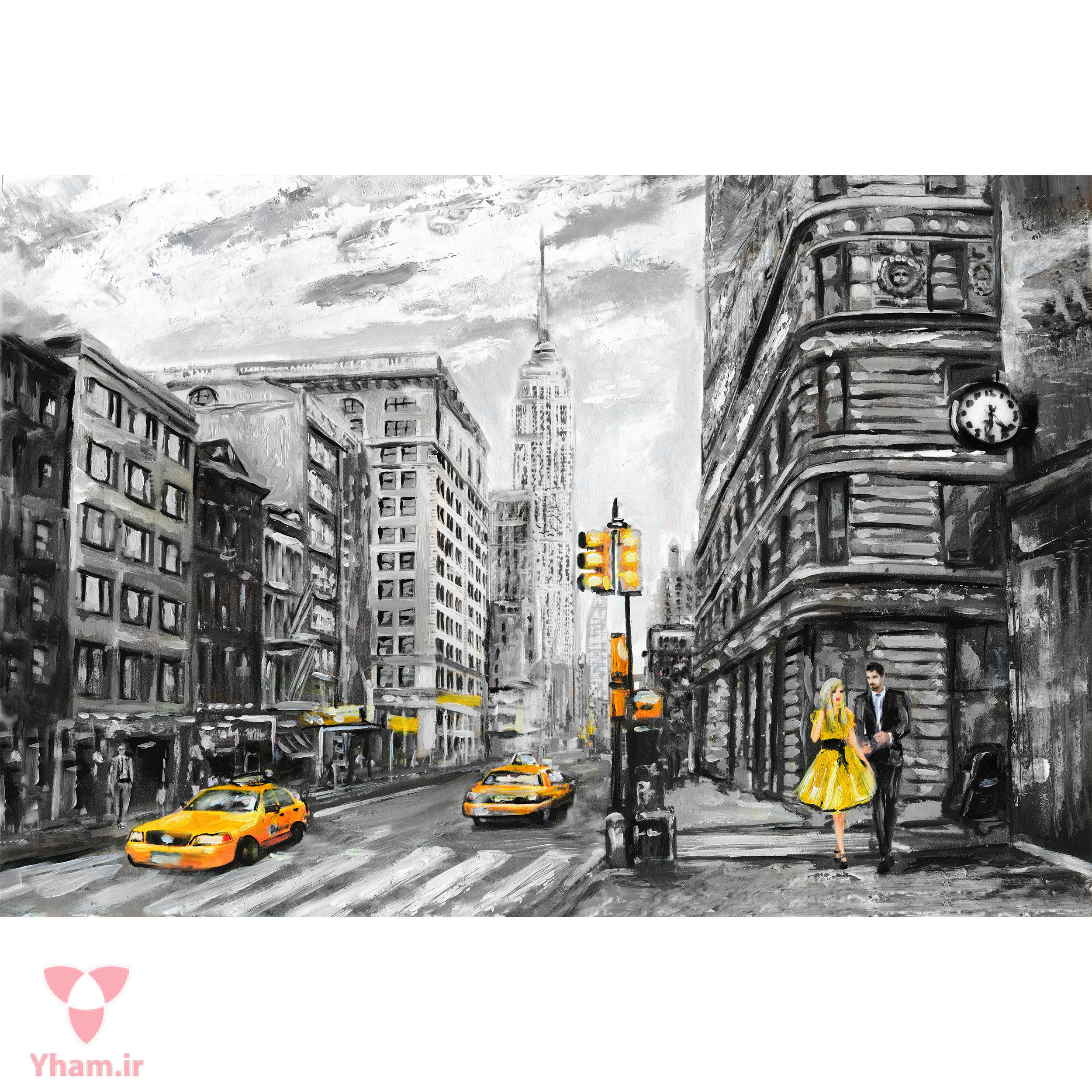 تابلو شاسی نقاشی رنگ روغن هنری مدرن نمای خیابان و زن و مرد مدل T1011